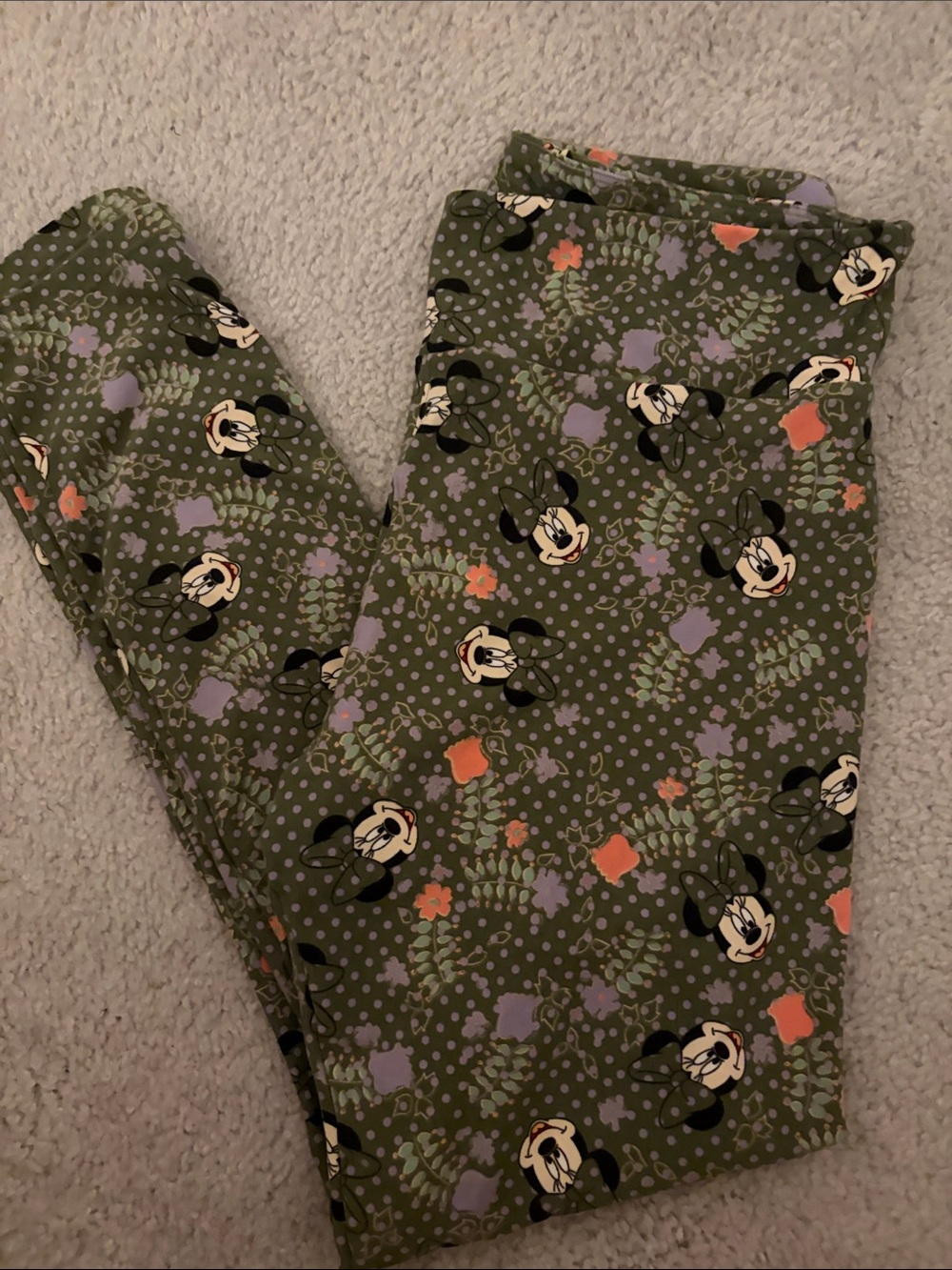 LuLaRoe Disney Minnie Mouse Tall & Curvy Leggings Green Floral Polka Dot